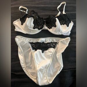NEW NATORI Blk/White Silk & Lace Bra (34B) & Panty (small) Set